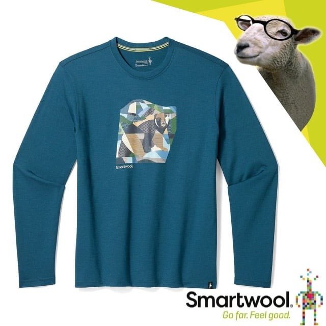 【SmartWool】男女 美麗諾羊毛 控溫圓領長袖塗鴉T恤(熊熊剪影).藝術家聯名款/SW017155-G74 暮光藍✿30E010
